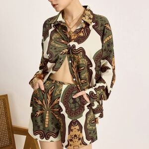 Commense Button-Up Shirt & 2-PC Shorts Set - Olive Green Brown M NWT